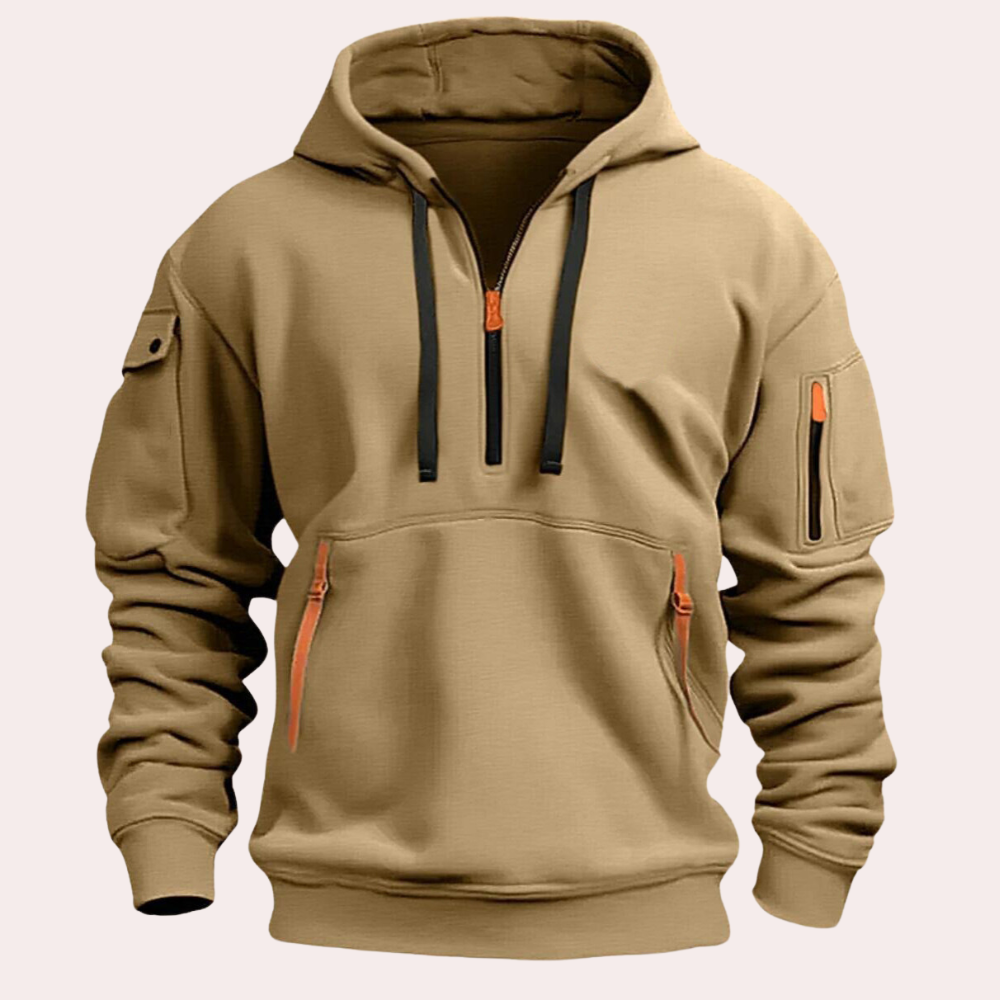 Men's casual hooded zipper sweatshirt with v-neck design