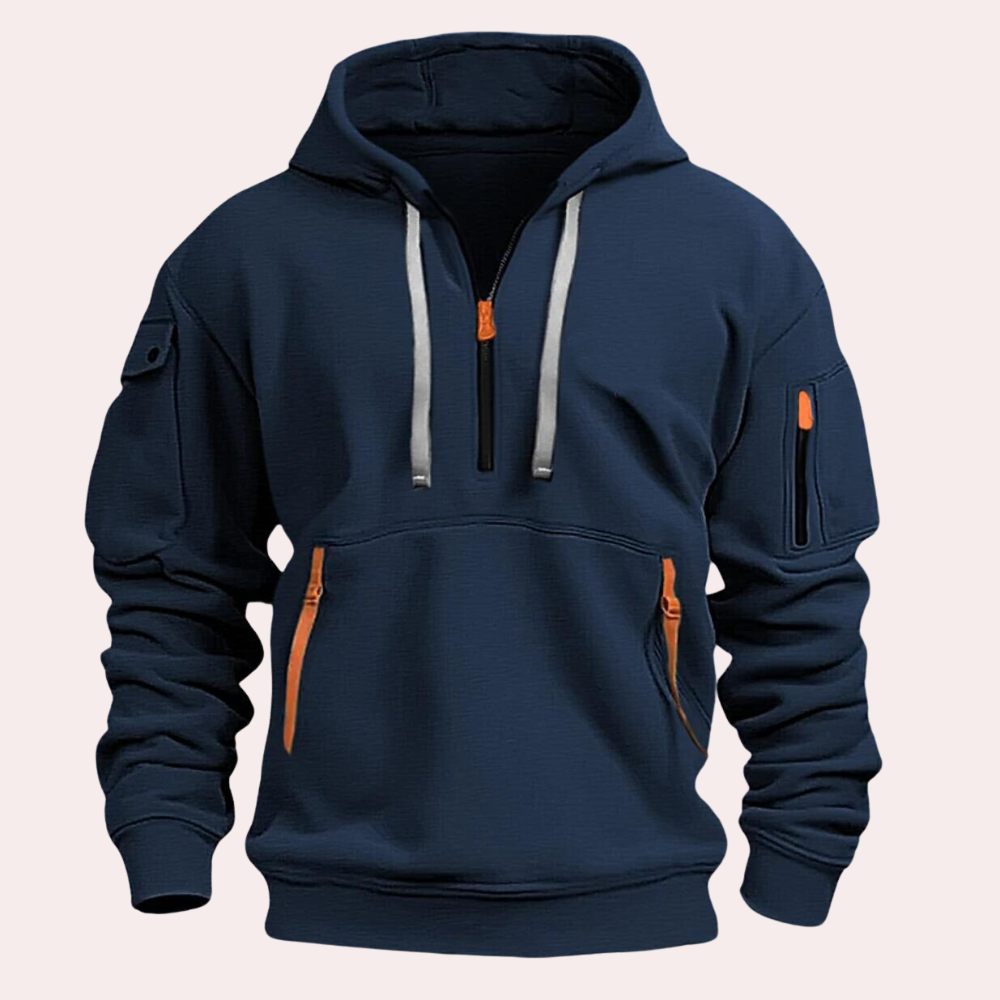 Men's casual hooded zipper sweatshirt with v-neck design