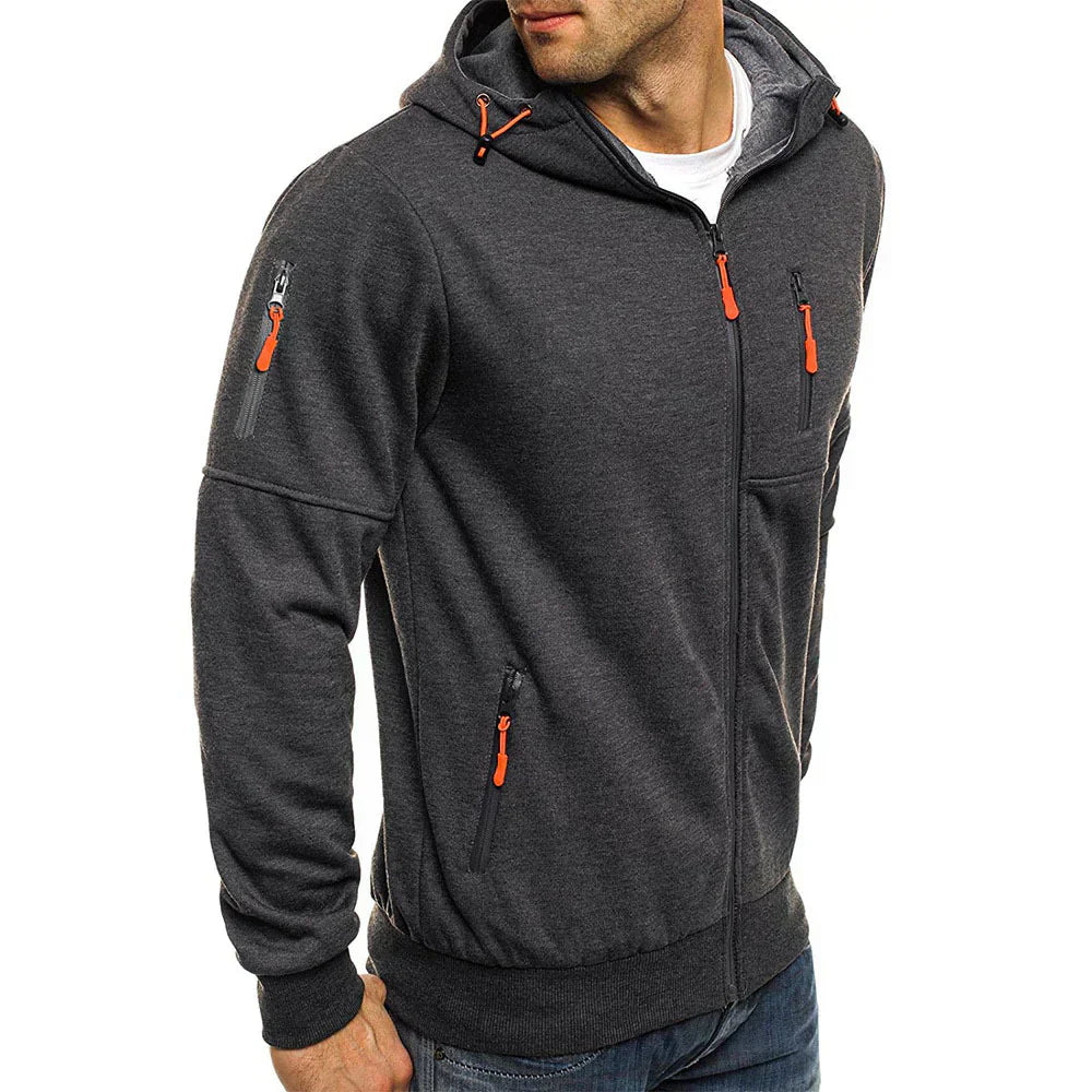Men's casual hooded jacket with collar and arm zipper
