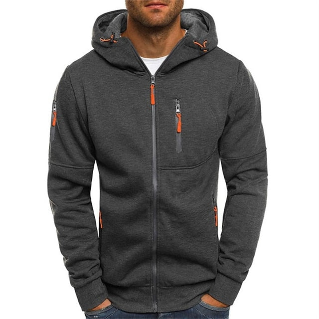 Men's casual hooded jacket with collar and arm zipper