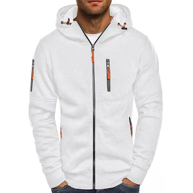 Men's casual hooded jacket with collar and arm zipper