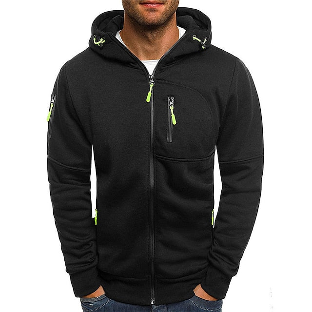 Men's casual hooded jacket with collar and arm zipper