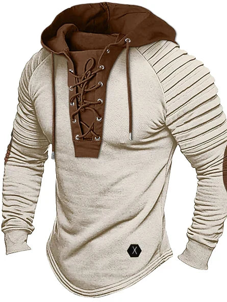 Men's long sleeve hooded sweatshirt with lace-up detail