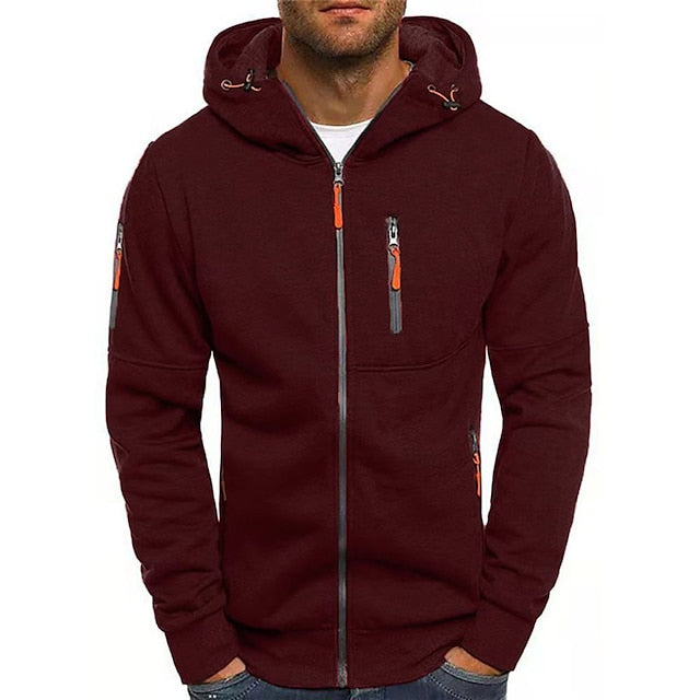 Men's casual hooded jacket with collar and arm zipper
