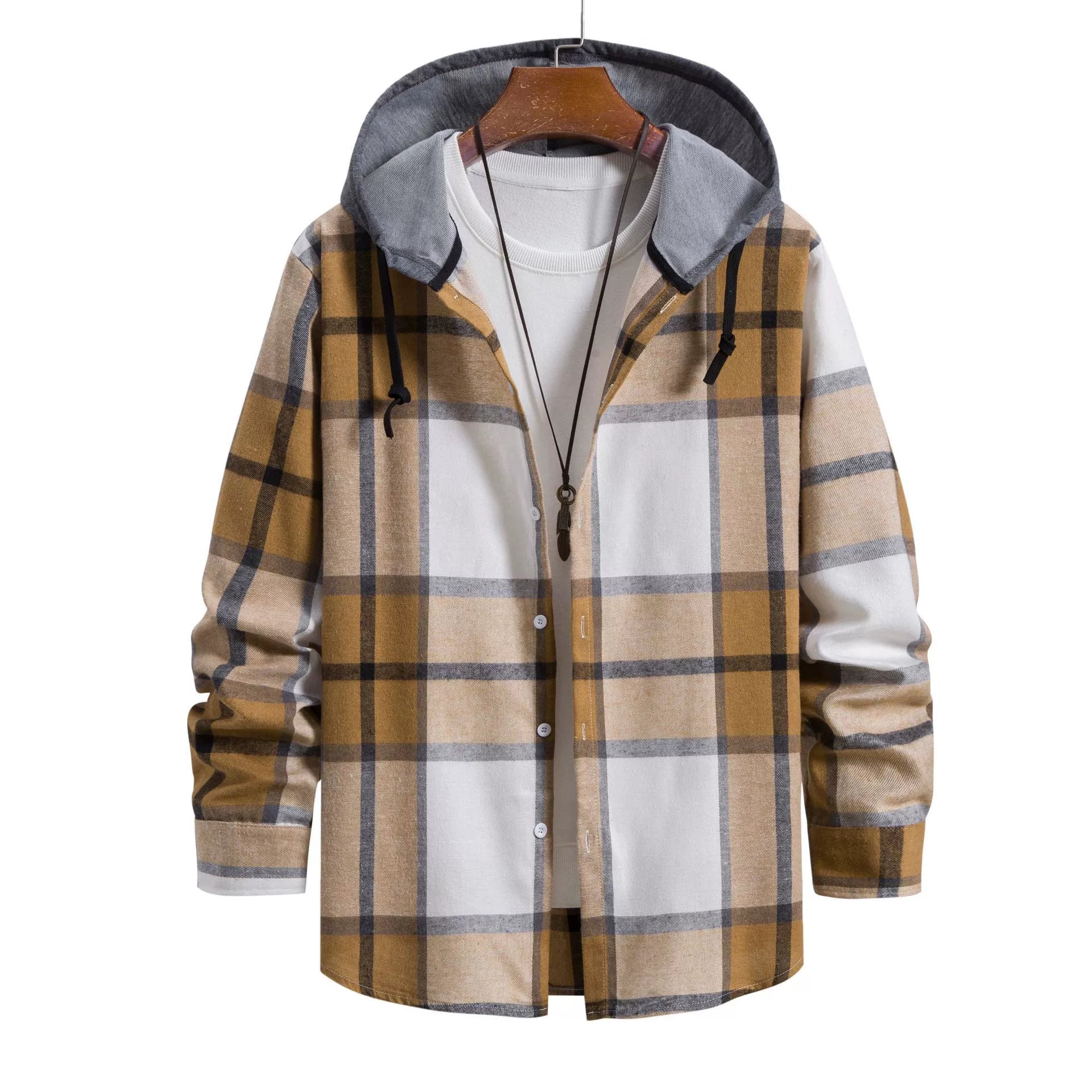 Long sleeve plaid hooded jacket for men