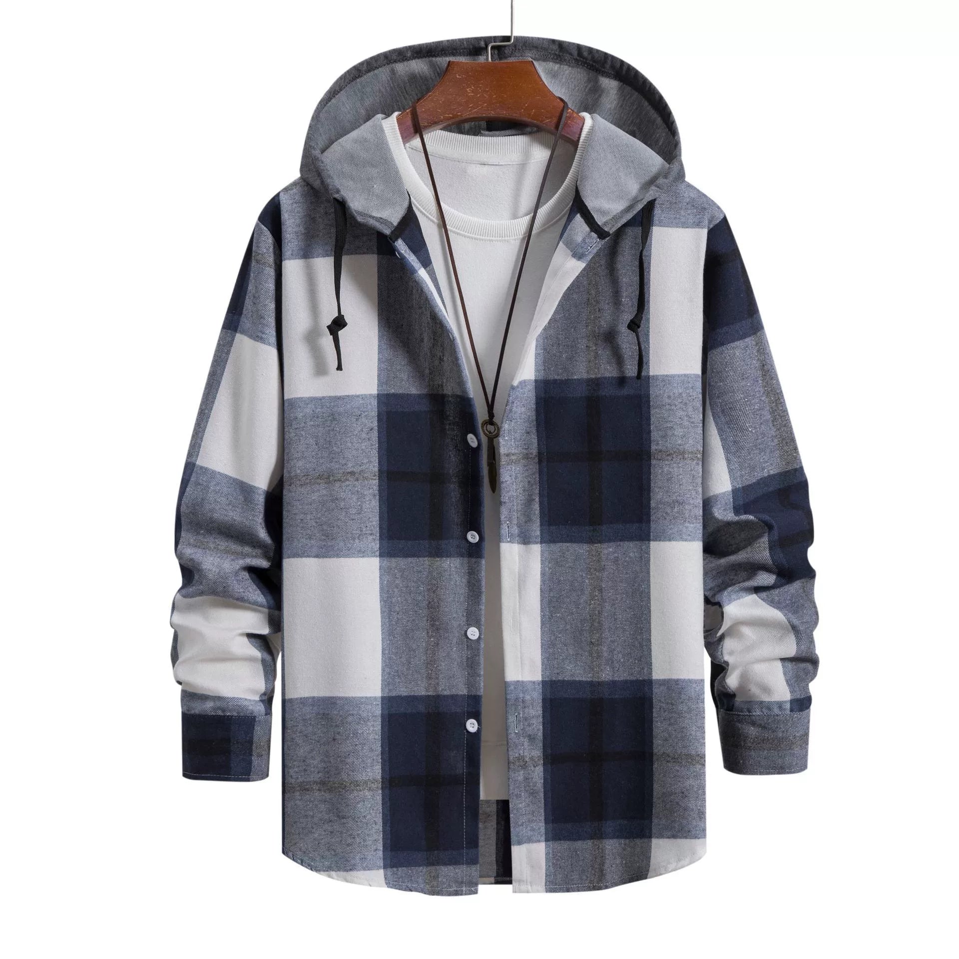 Long sleeve plaid hooded jacket for men