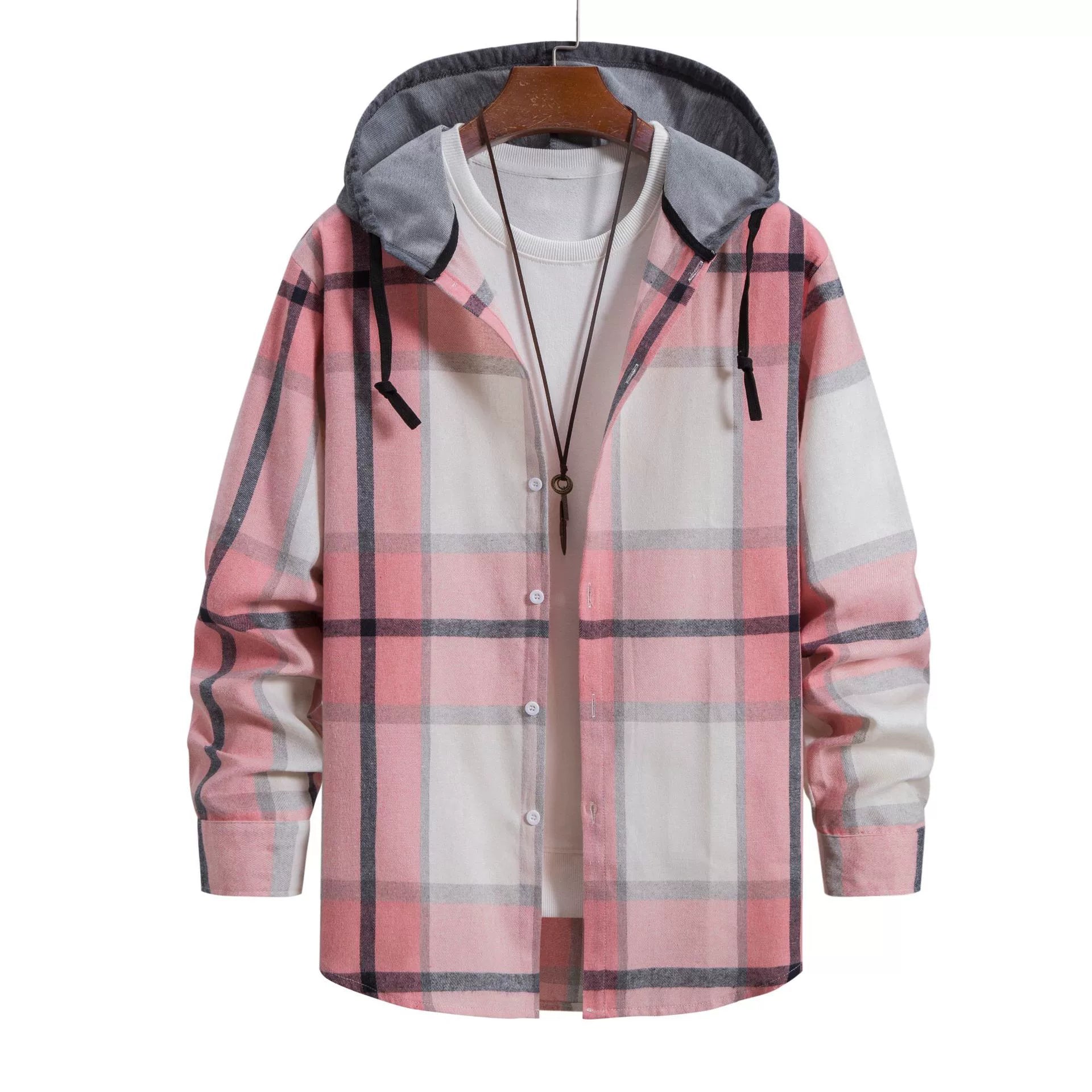 Long sleeve plaid hooded jacket for men