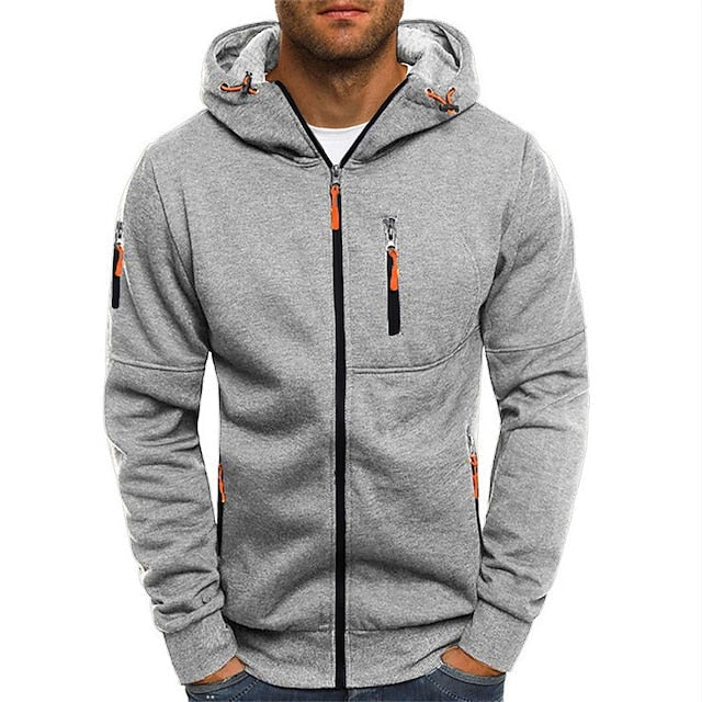 Men's casual hooded jacket with collar and arm zipper