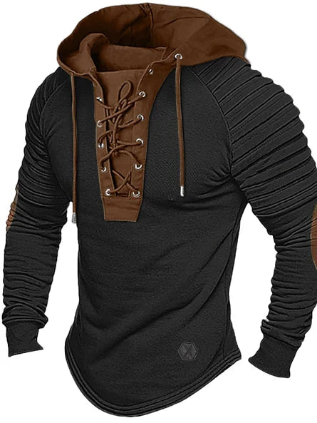 Men's long sleeve hooded sweatshirt with lace-up detail